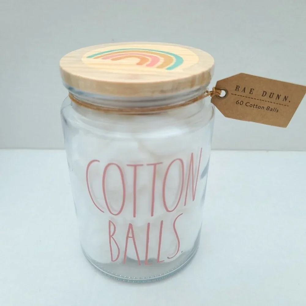 Rae Dunn Glass Jar/Canister Rainbow Lid Cotton Balls With 60 Cotton Balls NEW